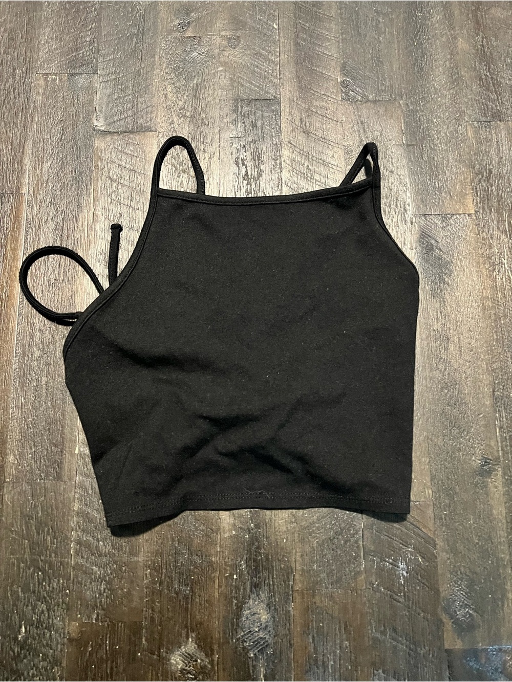 Garage Open Back, Black Cropped Tank with Tie Straps